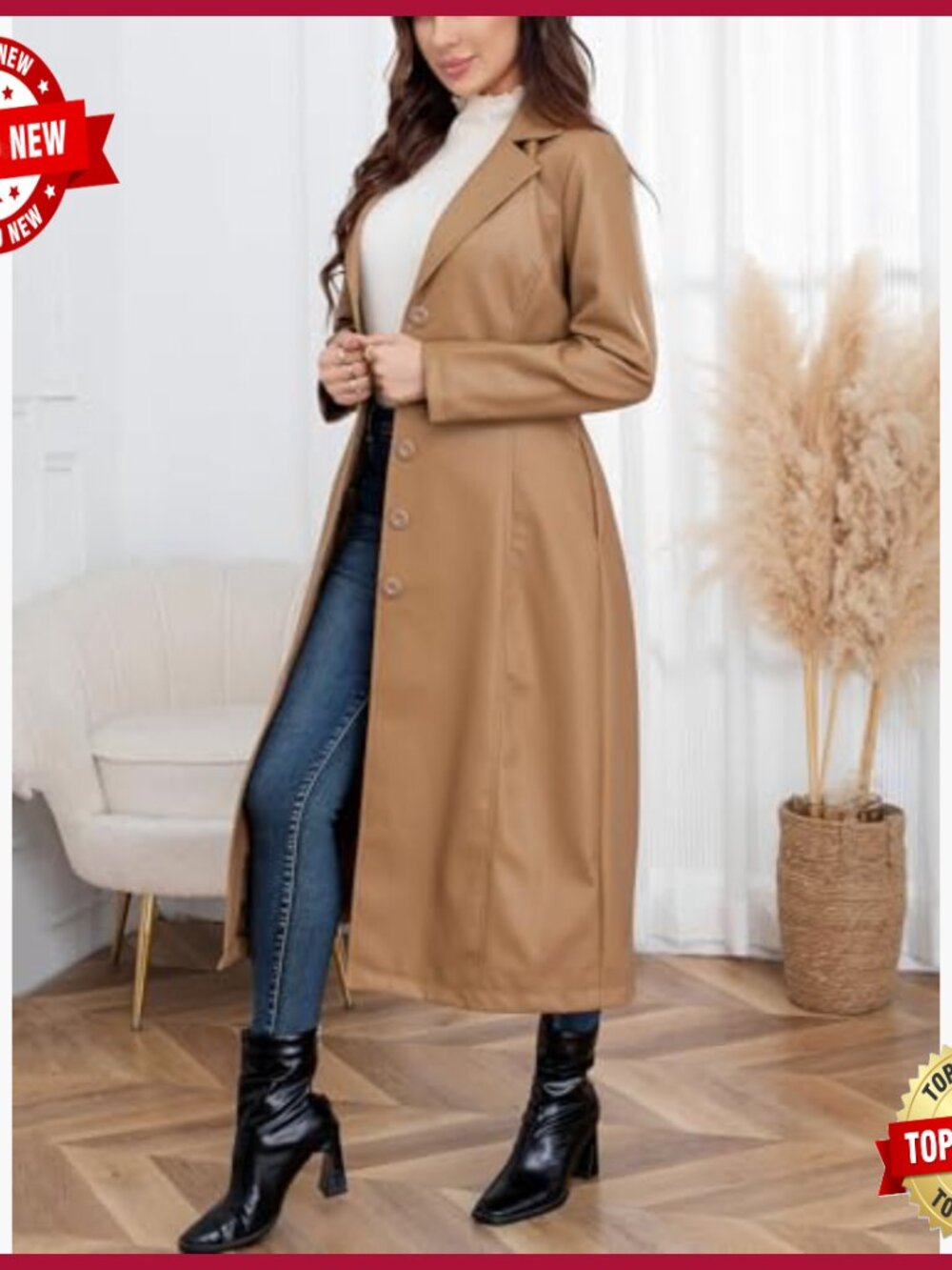 Faux Leather Trench Coat Maxi Length Lapel Button Down Overcoat - Picture 6 of 7